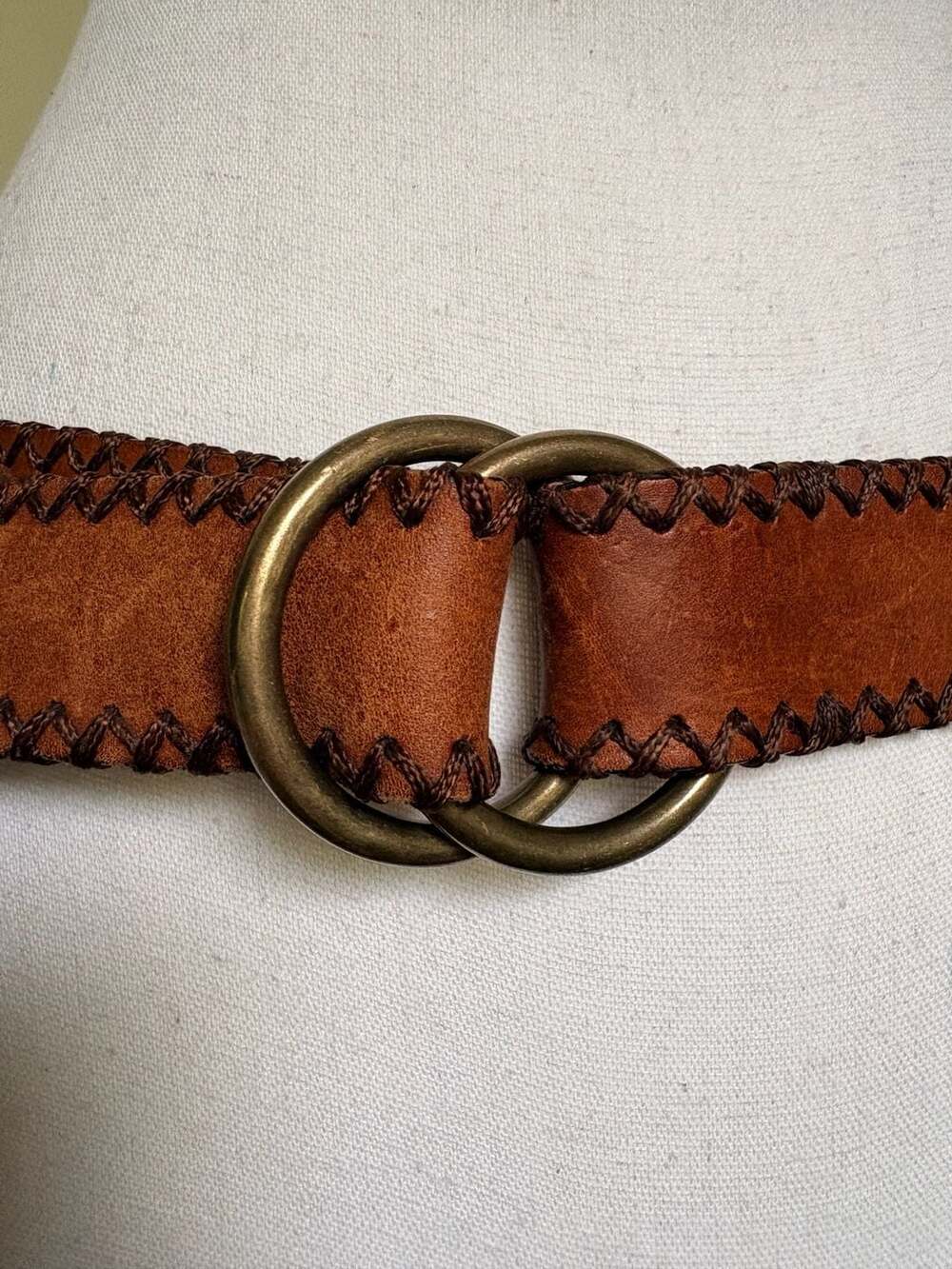 J.Crew Women's S/M Brown Leather Whipstitch Double Ring Belt - Picture 2 of 8